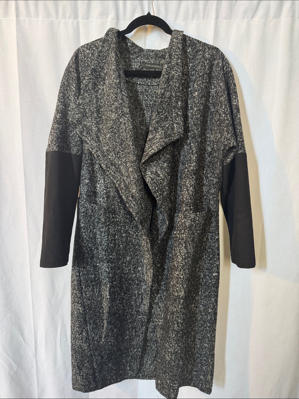 Open-Front Grey Trench Coatigan with Black Sleeve Panels